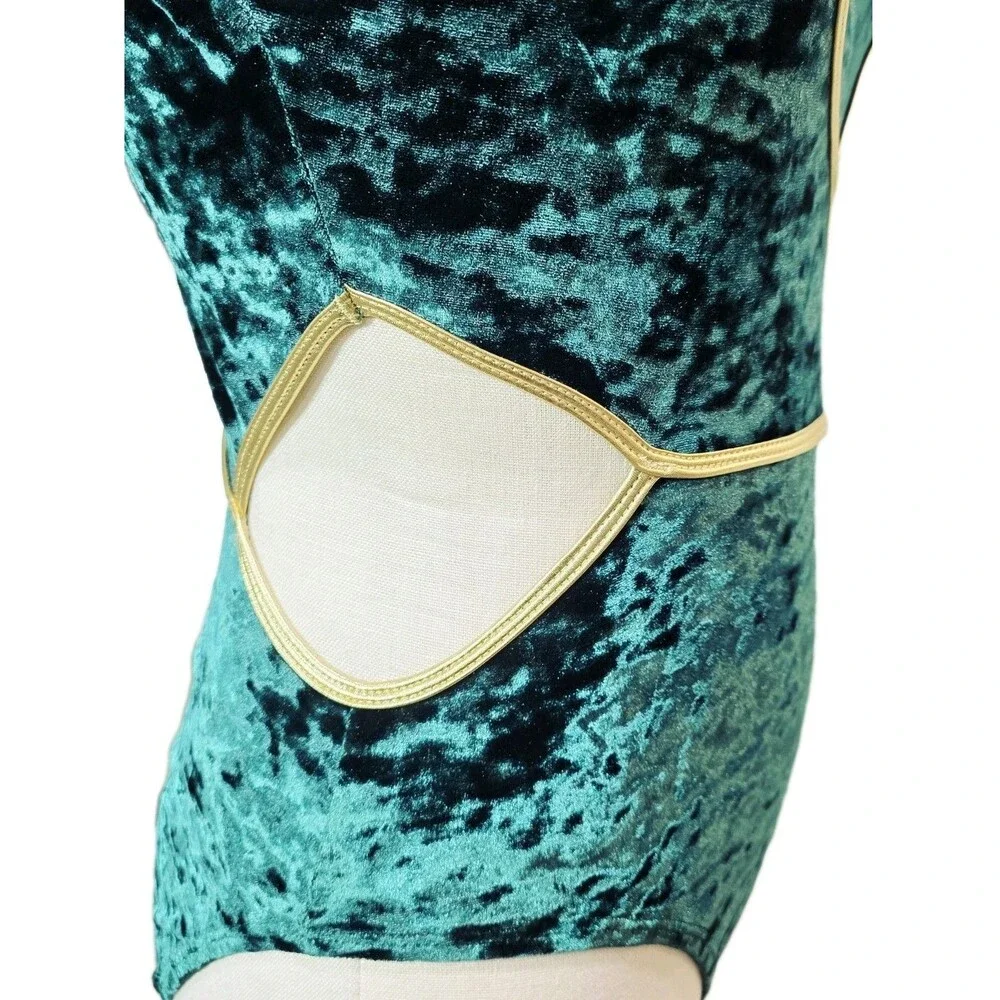 Satara Crushed Velvet Cutout Leotard Green Gold Bling Kids CS Elfcore Fairycore